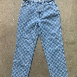 PacSun Light Blue Denim checkered checkerboard mom high rise straight Jeans 27